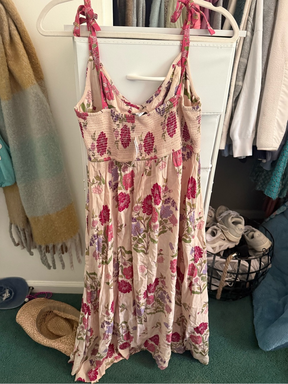 Floral Tie-Shoulder Maxi Dress in Cream with Pink & Green - Picture 2 of 3
